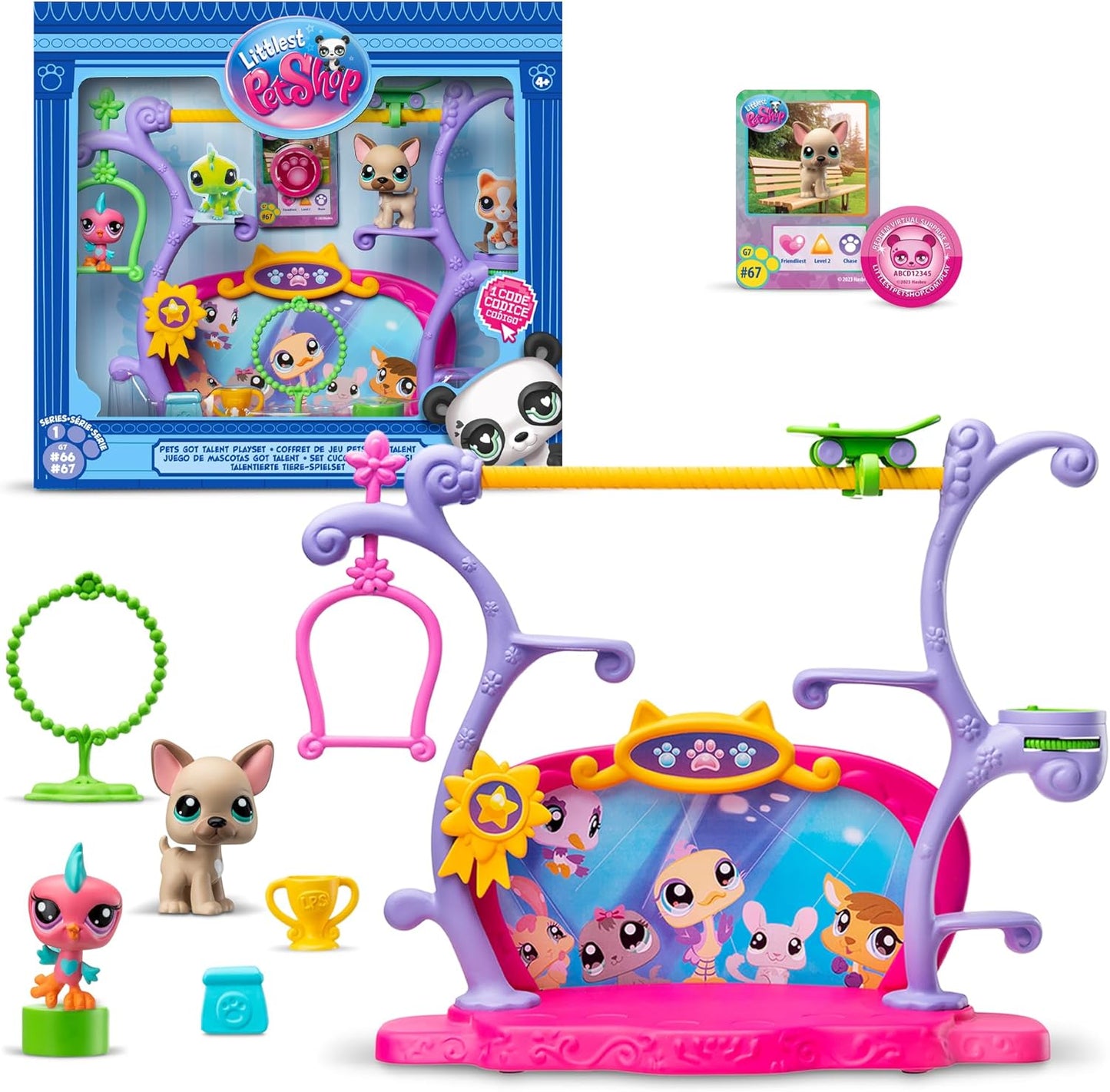 Littlest Pet Shop Conjunto Pets Got Talent | Conjunto LPS com 2 miniaturas exclusivas de animais de estimação, 5 acessórios, 1 cartão colecionável e 1 código virtual | Brinquedos colecionáveis de animais para meninas e meninos