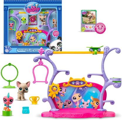 Littlest Pet Shop Conjunto Pets Got Talent | Conjunto LPS com 2 miniaturas exclusivas de animais de estimação, 5 acessórios, 1 cartão colecionável e 1 código virtual | Brinquedos colecionáveis de animais para meninas e meninos