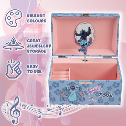 Disney - Musical Stitch & Angel Jewellery Box para meninas | Oficialmente licenciado | Melodia mágica de corda, boneco giratório | 18,5 cm C x 12 cm L x 10 cm P, azul, tamanho único, plástico