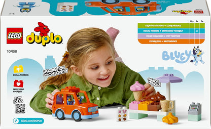 LEGO 10458 DUPLO Bluey: Viagem de Sorvete com Bluey - Brinquedo Educativo de Habilidades Motoras para Crianças, com Carrinho de Brinquedo e Suporte de Sorvete, além de 2 Figuras, incluindo Bandit - Presente para Meninas e Meninos a partir de 2 Anos -