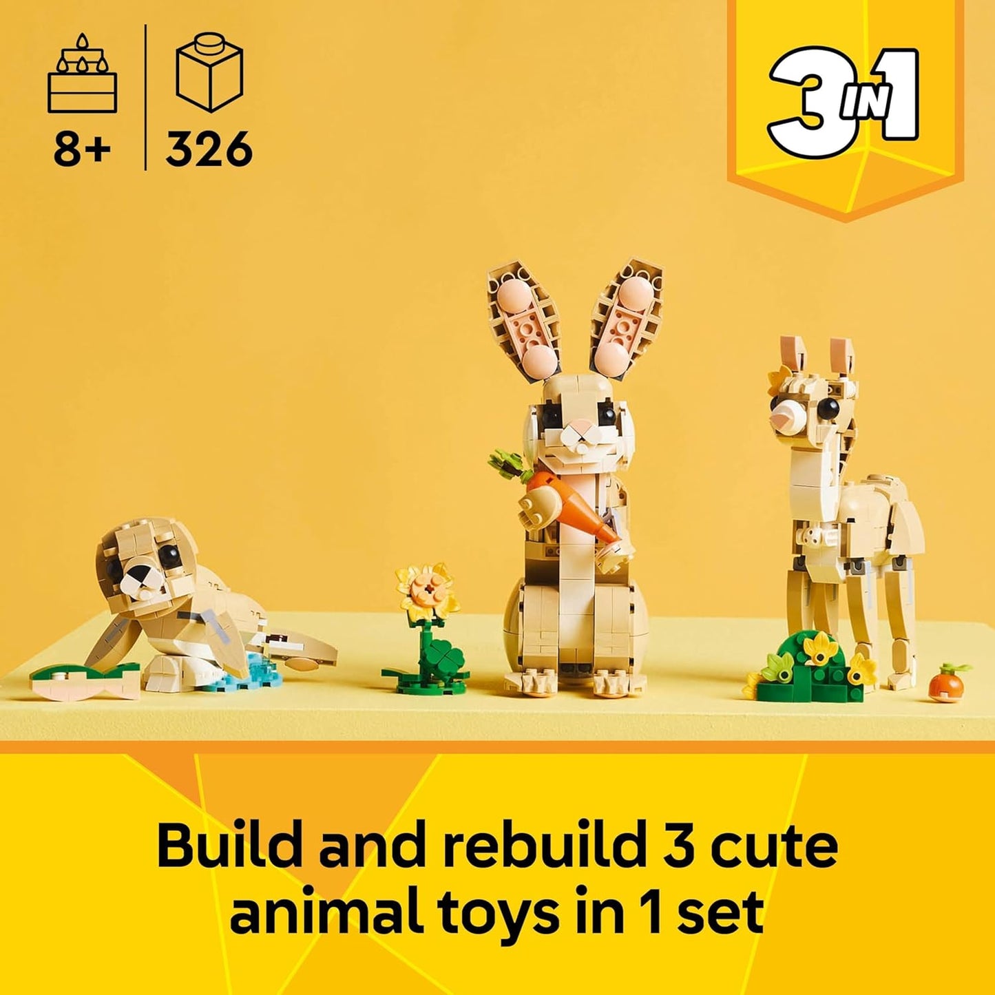 LEGO Brinquedo de coelhinho fofo Creator 3 em 1 - transforma-se em uma figura de lhama ou foca - Conjunto de construção de animais para crianças, meninas e meninos com mais de 8 anos - Presente de aniversário criativo