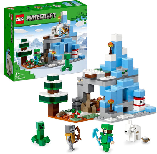 LEGO Minecraft The Frozen Peaks, Cave Mountain Set com Steve, Creeper, figuras de cabra e acessórios, brinquedo de bioma gelado para crianças de 8 anos ou mais