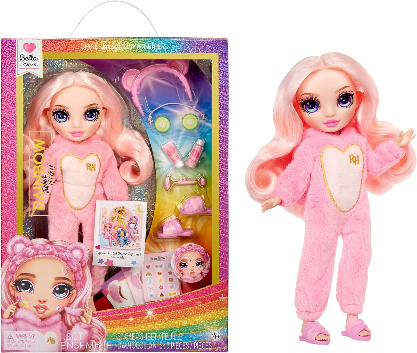 Rainbow High Junior High PJ Party - Bella (rosa) - Muñeca articulada de 9" con mameluco suave, pantuflas y accesorios de juego - Juguete para niños pequeños - Ideal para edades de 4 a 12 años