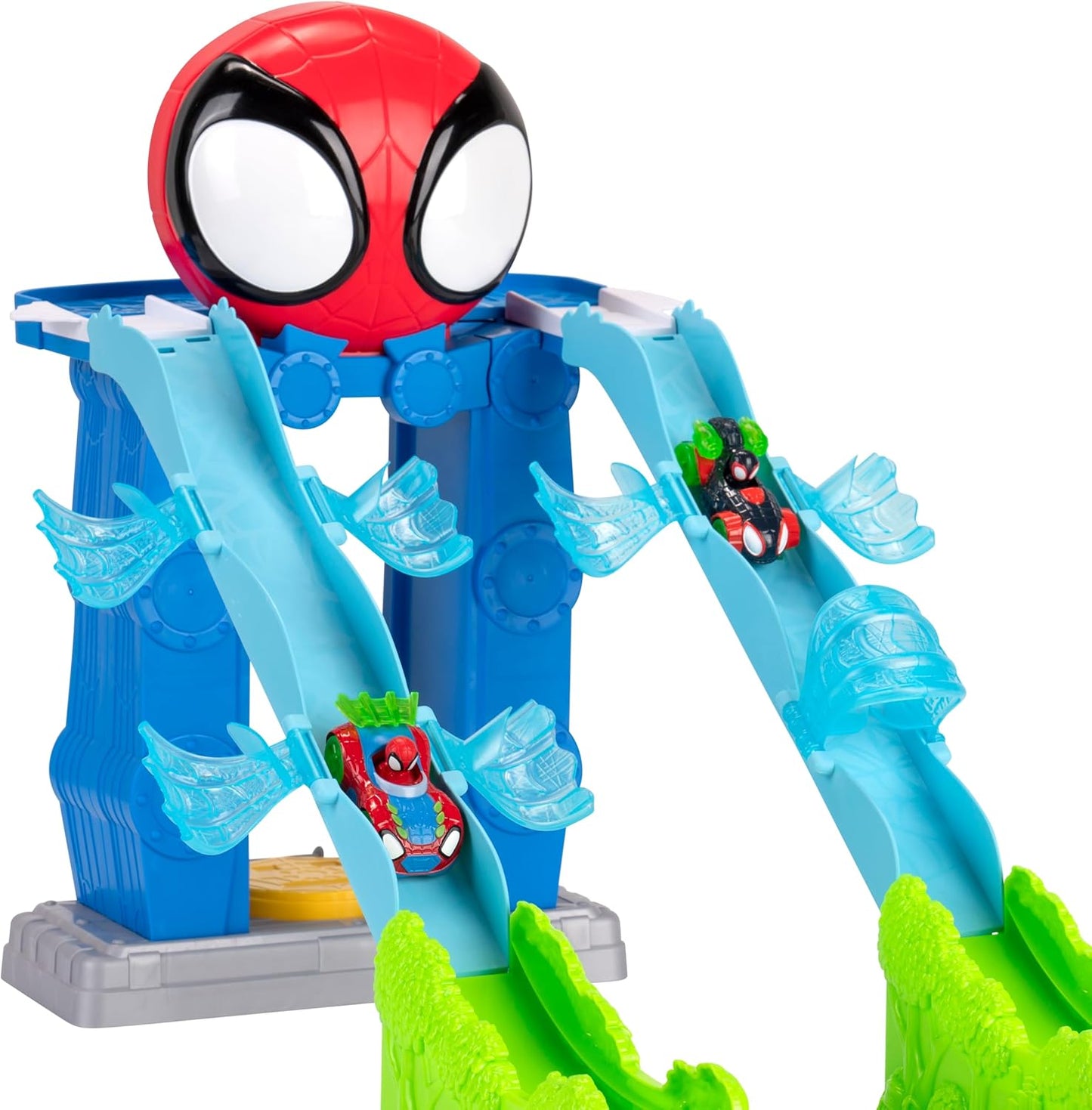 Homem-Aranha e seus Incríveis Amigos - Pista Mega Jump HQ do Homem-Aranha - Pista dupla de 99 cm com elevador, centro de controle, túneis de teia e dois veículos exclusivos da linha Amazing Metals.