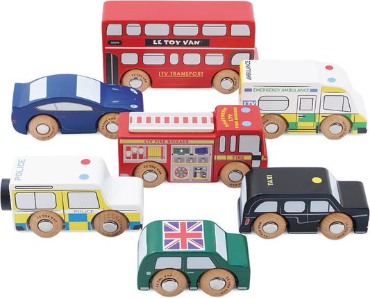 Le Toy Van  - Conjunto icônico de jogos de carro de brinquedo com tema de madeira de Londres - Conjunto de 7 peças | Brinquedos de dramatização de veículos - adequados para crianças de 2 anos +