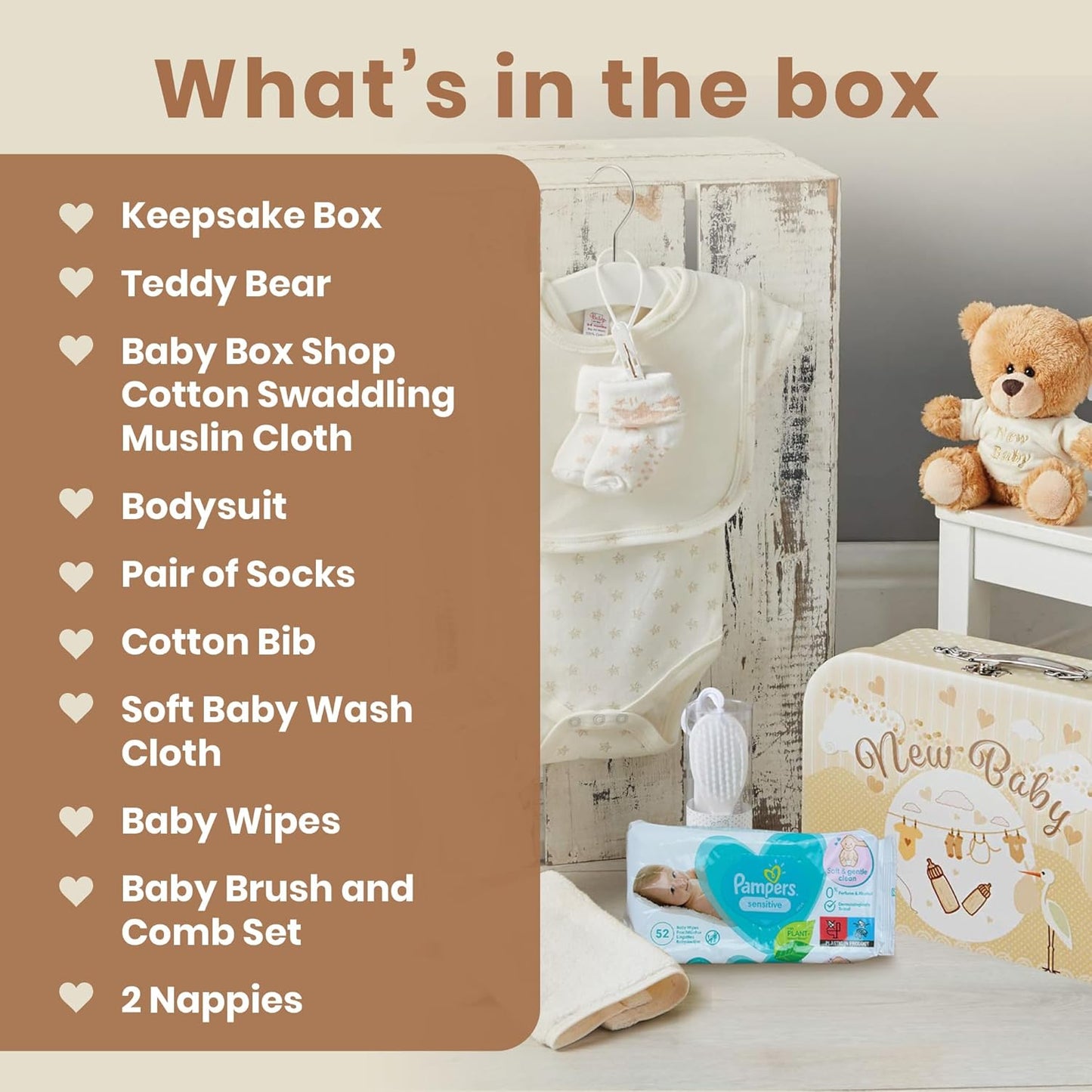Baby Box Shop - Cesta de presentes para recém-nascidos, ursinho de pelúcia, itens essenciais e caixa de lembranças - presente ideal para chá de bebê e batizado