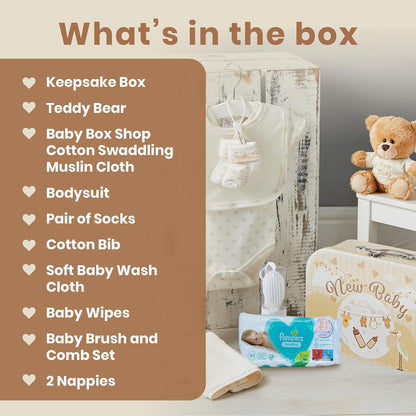 Baby Box Shop - Cesta de presentes para recém-nascidos, ursinho de pelúcia, itens essenciais e caixa de lembranças - presente ideal para chá de bebê e batizado
