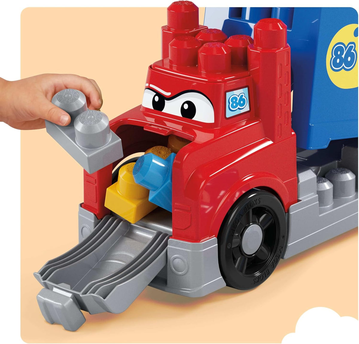 MEGA Brinquedo de blocos BLOKS First Builders "Build & Race Rig" para crianças pequenas; fácil de guardar — os blocos podem ser acomodados dentro do caminhão.