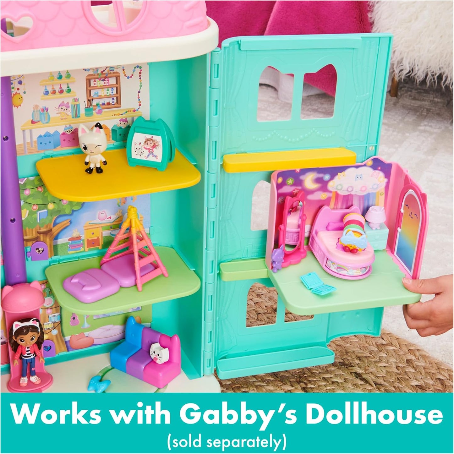 Casa de bonecas da Gabby, quarto "Doces Sonhos" com travesseiro em forma de gato e 3 acessórios, 3 móveis e 2 entregas. Brinquedo infantil para crianças a partir de 3 anos.