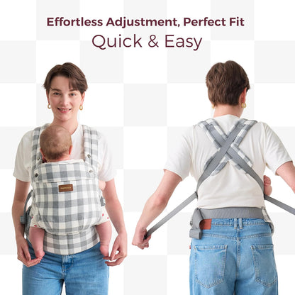 Momcozy Canguru em linho de algodão natural, resistente, design ergonômico, leve e confortável, mãos livres para mamães e papais, estampa xadrez cinza.