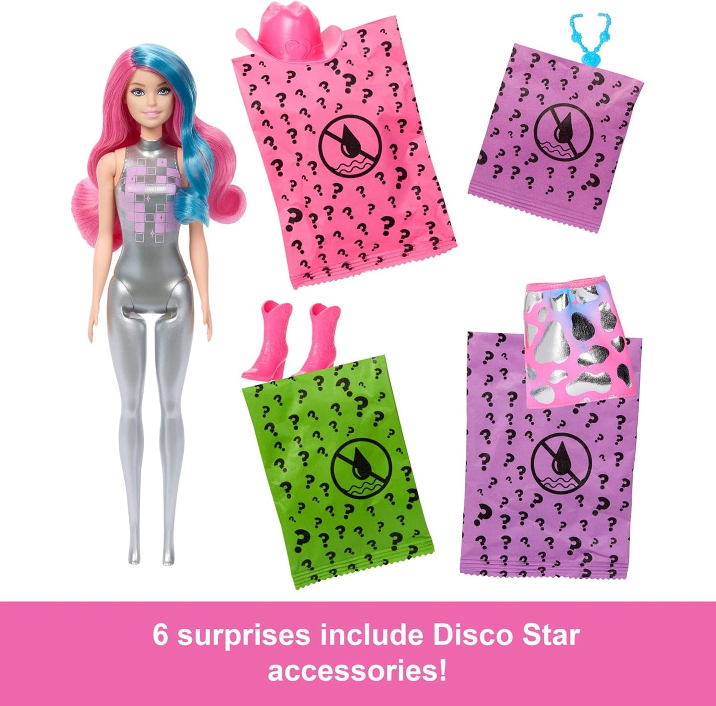 Barbie Boneca Color Reveal e acessórios com 6 surpresas, série Disco Star com brilho metálico e corpete que muda de cor (os estilos podem variar), JCP01