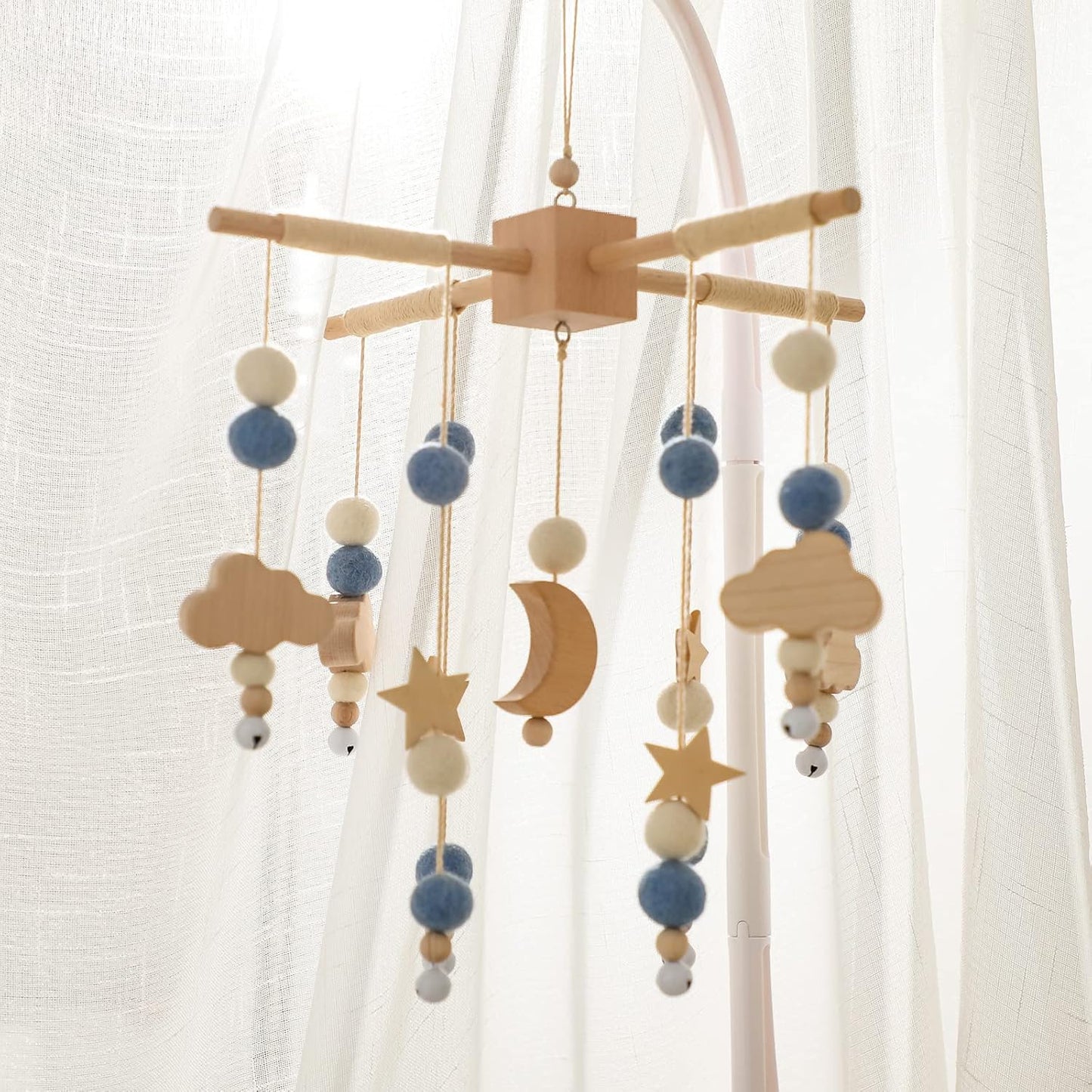 Let's Make Bolas móviles de Madera y Forro Polar para bebés, Campanas de Viento, Campanas para Hamacas de guardería, Regalos para recién Nacidos para niñas o niños (Luna Azul)