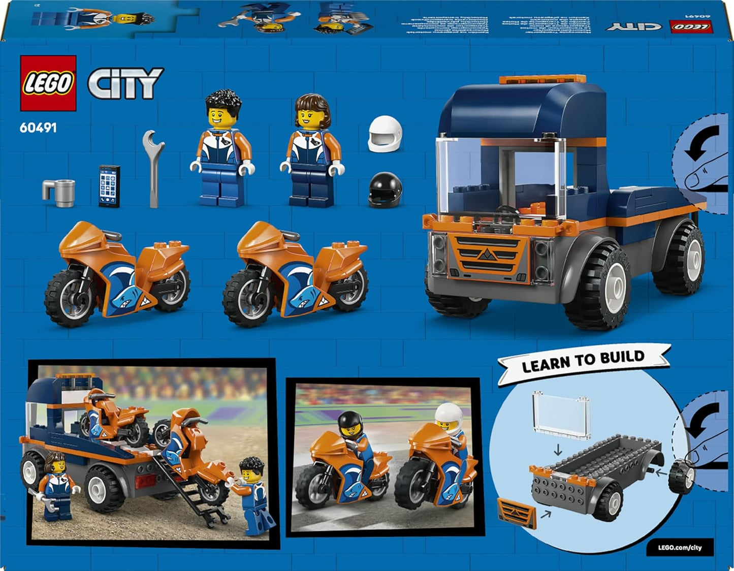 LEGO City Transportador de Motos - Brinquedo para Desenvolvimento da Coordenação Motora Fina com Caminhão Plataforma, 2 Motos, 2 Minifiguras, Rampa e Acessórios - Presente de Aniversário para Meninos a partir de 4 Anos - 60491