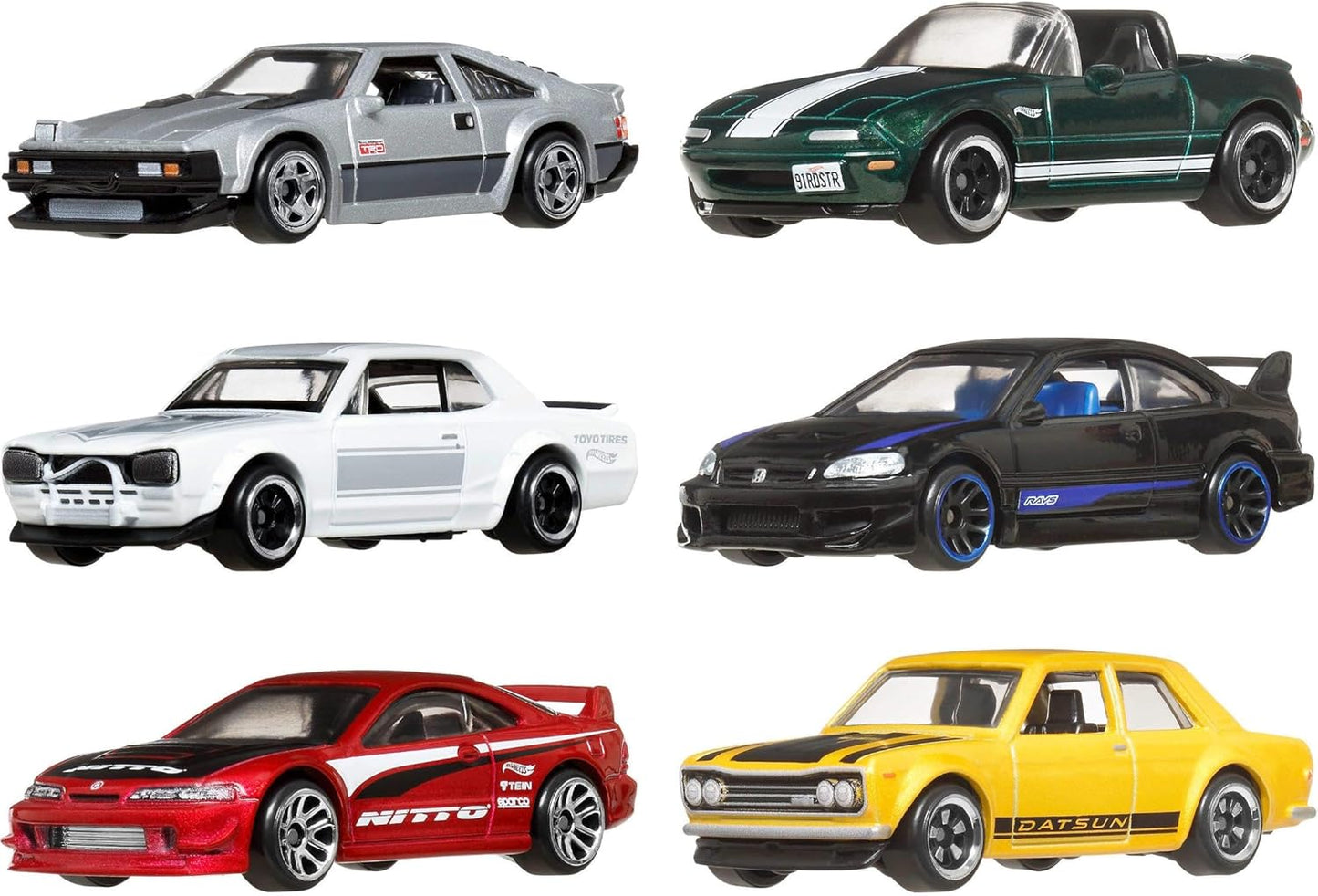 Hot Wheels, escala 1:64, carrinhos de brinquedo em metal fundido, conjunto de 6 veículos japoneses com decoração em relevo (os modelos podem variar), JBY77