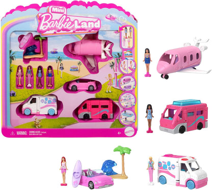 Barbie Conjunto Barbie Mini Land com 4 bonecas de 3,8 cm e 4 veículos icônicos com mudança de cor surpresa, JGL30