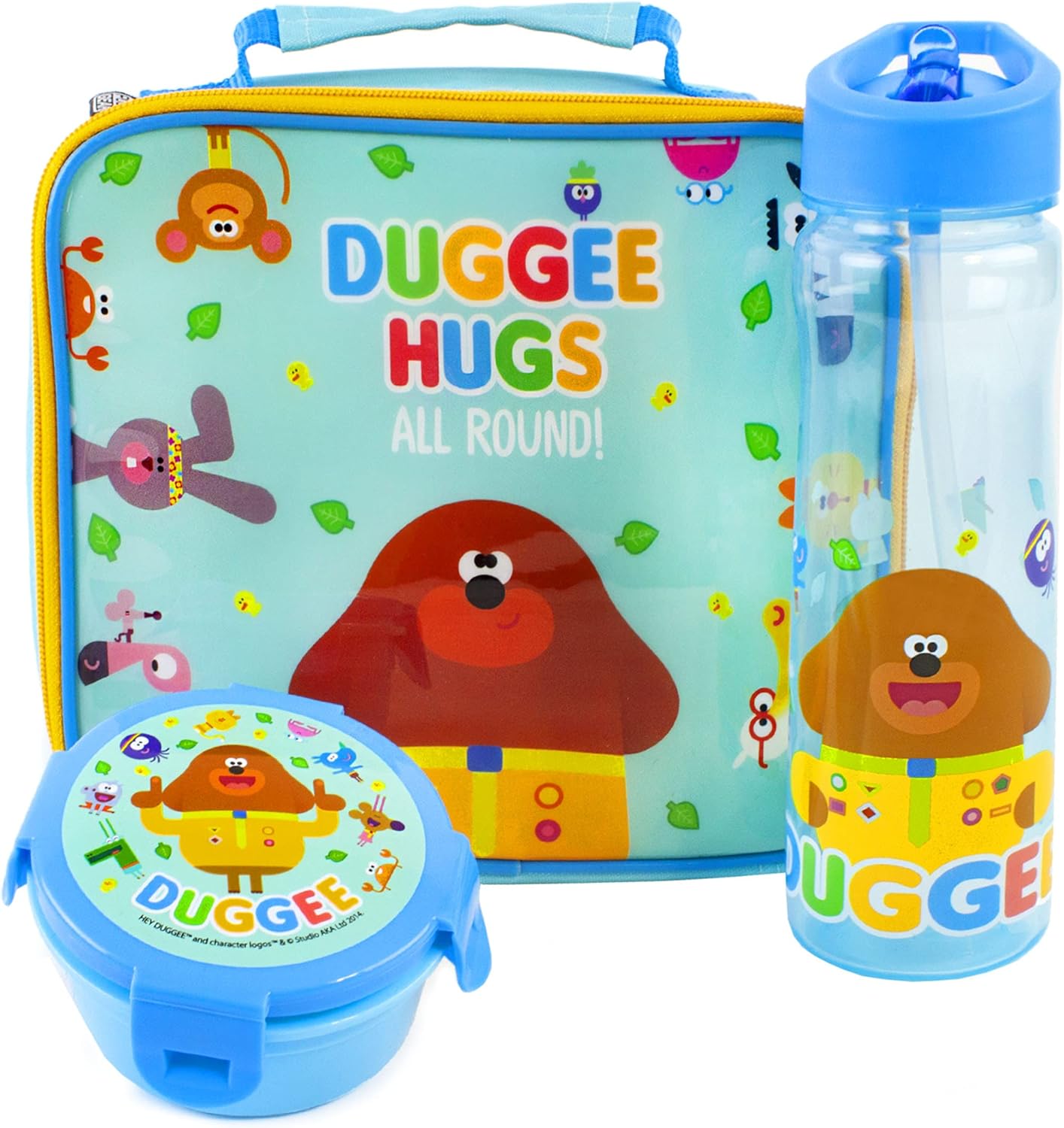Hey Duggee Juego de lonchera para niños | Bolsa aislante para comida, botella de agua y snack | Aventura con personajes infantiles y femeninos | Divertido set de almuerzo con productos de la serie de televisión para jóvenes fanáticos del programa