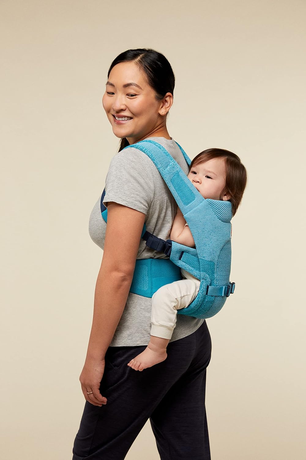 Ergobaby  Porta-bebês Aerloom para recém-nascidos e crianças pequenas, 3 posições, porta-barriga ergonômico para bebês, porta-costas, porta-bebês feito de material Formaknit, água-marinha