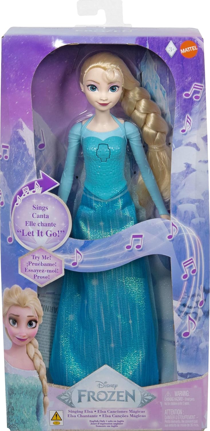 Mattel Boneca Disney Frozen Elsa que Canta – Canta "Let It Go" em Inglês | Boneca Fashion Musical Articulada com seu Vestido Azul Característico, Saia e Sapatos Removíveis e Cabelo Trançado – Inspirada no Filme – JFH84