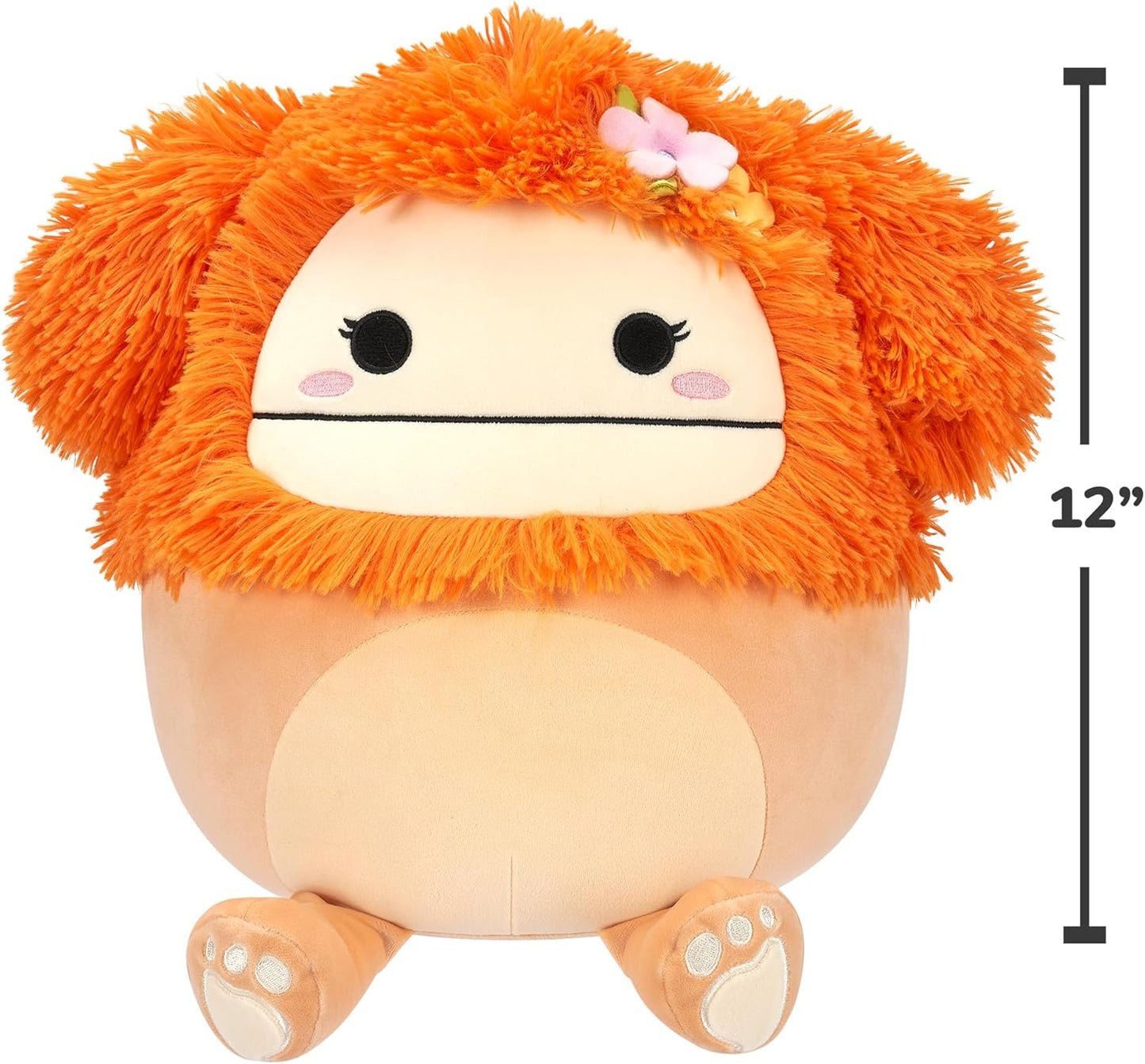 Squishmallows SQCR05428 12 polegadas-Shasta The Light Orange Bigfoot com alfinete de flor, multicor