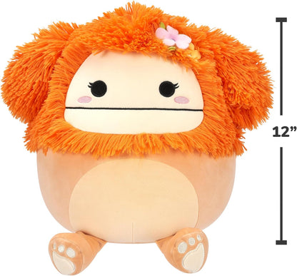 Squishmallows SQCR05428 12 polegadas-Shasta The Light Orange Bigfoot com alfinete de flor, multicor