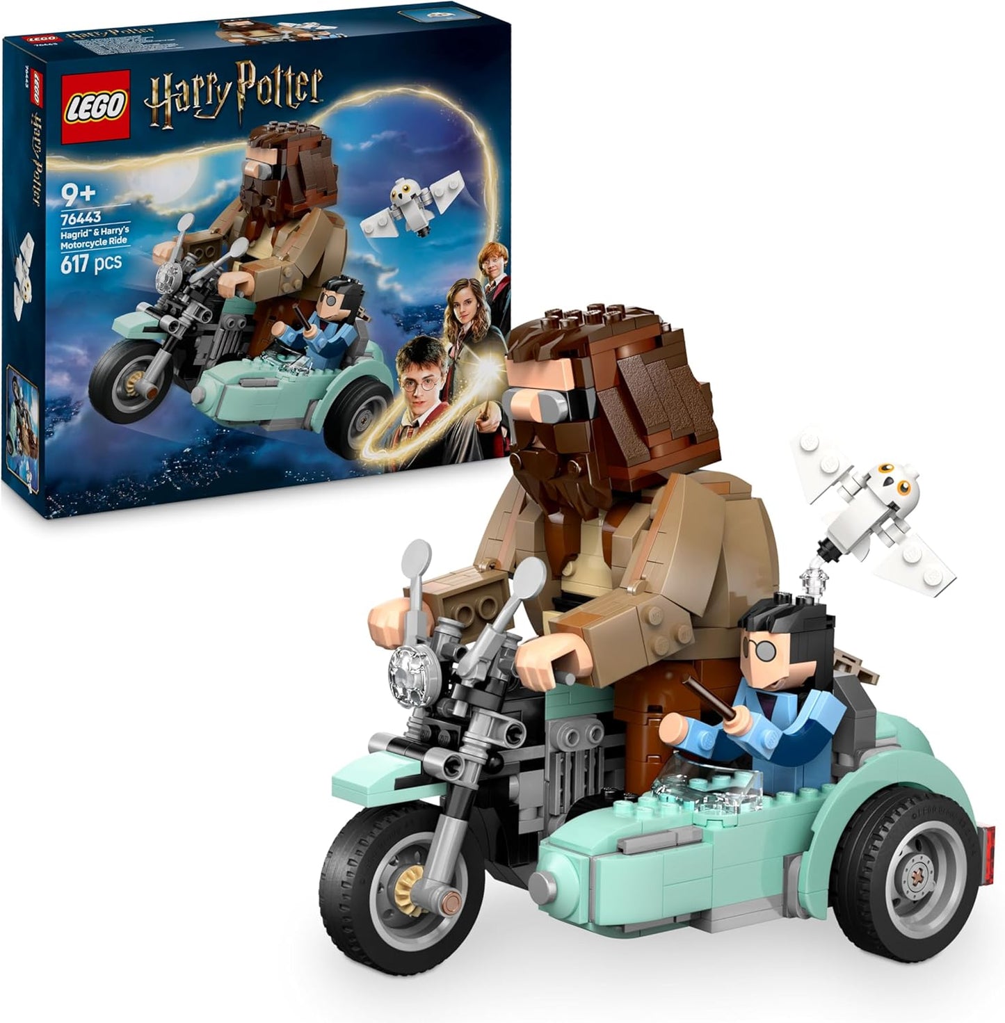 LEGO 76443 Harry Potter Hagrid e Harry's Motorcycle Ride, brinquedo de motocicleta móvel construído em tijolos com sidecar e figura de Edwiges, exibição de presente de aniversário para fãs do mundo mágico