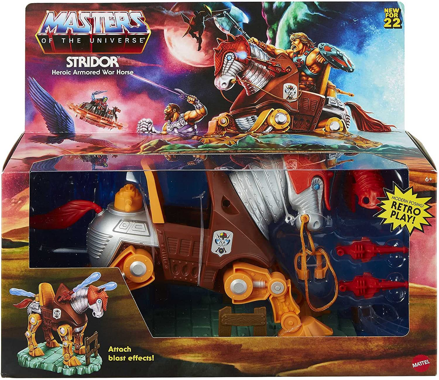 Masters of the Universe Figura Origins Stridor – Com Cavalo Robô, Lançador e 3 Explosões de Plasma – Inclui Expositor – 7' de Altura – Presente para Crianças 6+