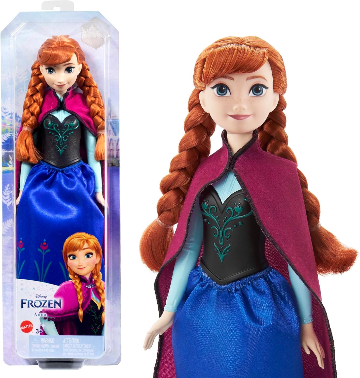 Mattel Boneca Disney Frozen Anna com Visual do Primeiro Filme | Boneca Articulada com Traje de Viagem Característico (Capa, Saia e Botas) e Cabelo Trançado, Inspirada em Disney Frozen, HLW49