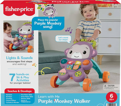 Fisher-Price Brinquedo de empurrar Baby Learn With Me, Macaco Roxo, Atividade Musical Educativa com Luzes para Bebês a partir de 6 Meses, JLD58