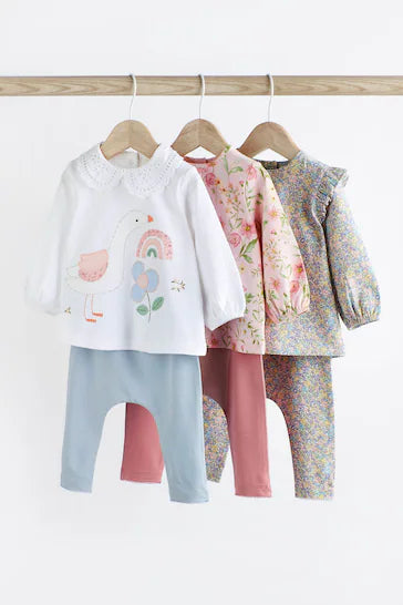 |BabyGirl| Conjunto De 6 Peças De Camisetas e Leggings Para Bebê - Pink/Blue/Cream Floral Duck
