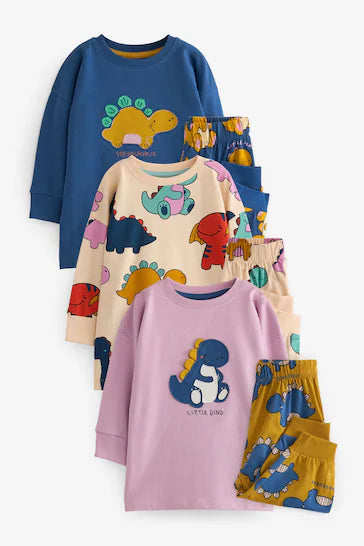 |Boy| Pacote De 3 Pijamas Grandes - Cobalt Blue/Ochre Yellow Dinosaur (9 meses a 8 anos)
