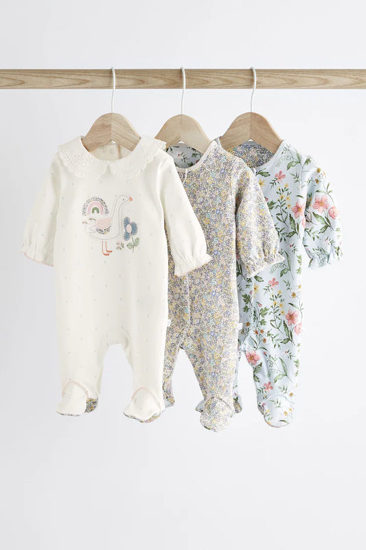 |BabyGirl| Conjunto De 3 Pijamas Para Bebê De Algodão Branco/Azul (0-3 anos)
