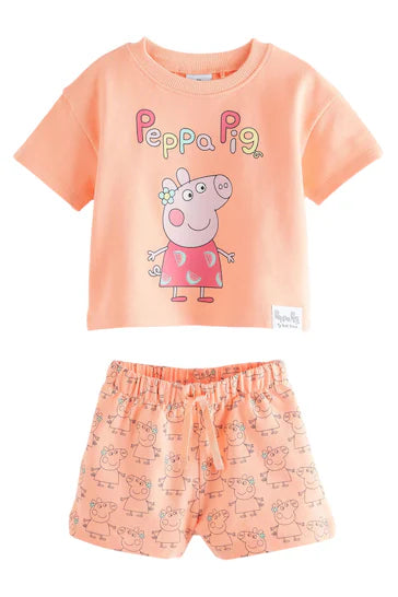 |Girl| Conjunto de camiseta e shorts Peppa Pig laranja (3 meses a 7 anos)