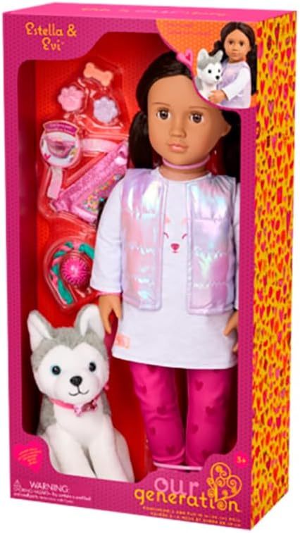 Our Generation – Boneca de 45 cm e conjunto de cãozinho de estimação – Olhos castanho-escuros realistas e cabelo castanho-escuro ondulado – Peluche Husky Dog e acessórios – Brincadeira de faz de conta – Estella e Evi