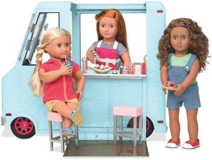 Camião de gelados Sweet Stop da Our Generation – Conjunto de camião de gelados azul para bonecas de 45 cm – Conjunto de veículo e acessórios com 130 peças