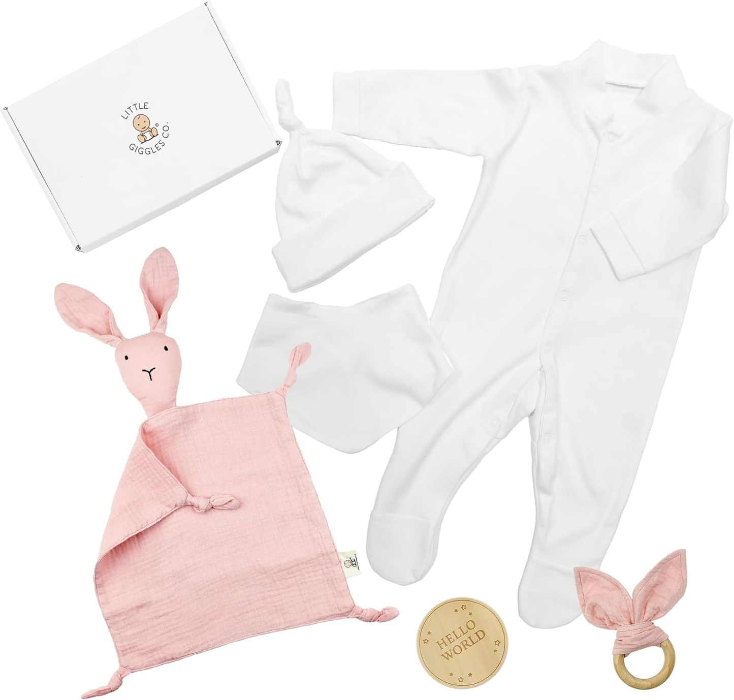 Presentes para recém-nascidos Little Giggles Co.® - Caixa de oferta com 6 peças, edredão de musselina de coelho e brinquedo sensorial, macacão de algodão, chapéu e babete, Olá, mundo, artigos essenciais para bebés recém-nascidos