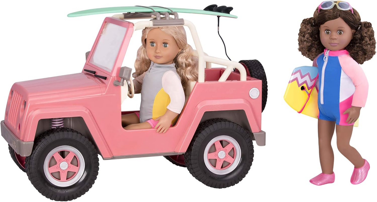 Our Generation OG Off Roader – Conjunto de veículos 4x4 para bonecas de 18 polegadas, veículo com tema de praia com prancha de surf, carro rosa salmão, luzes de trabalho, limpa-para-brisas, altifalantes, jogo realista