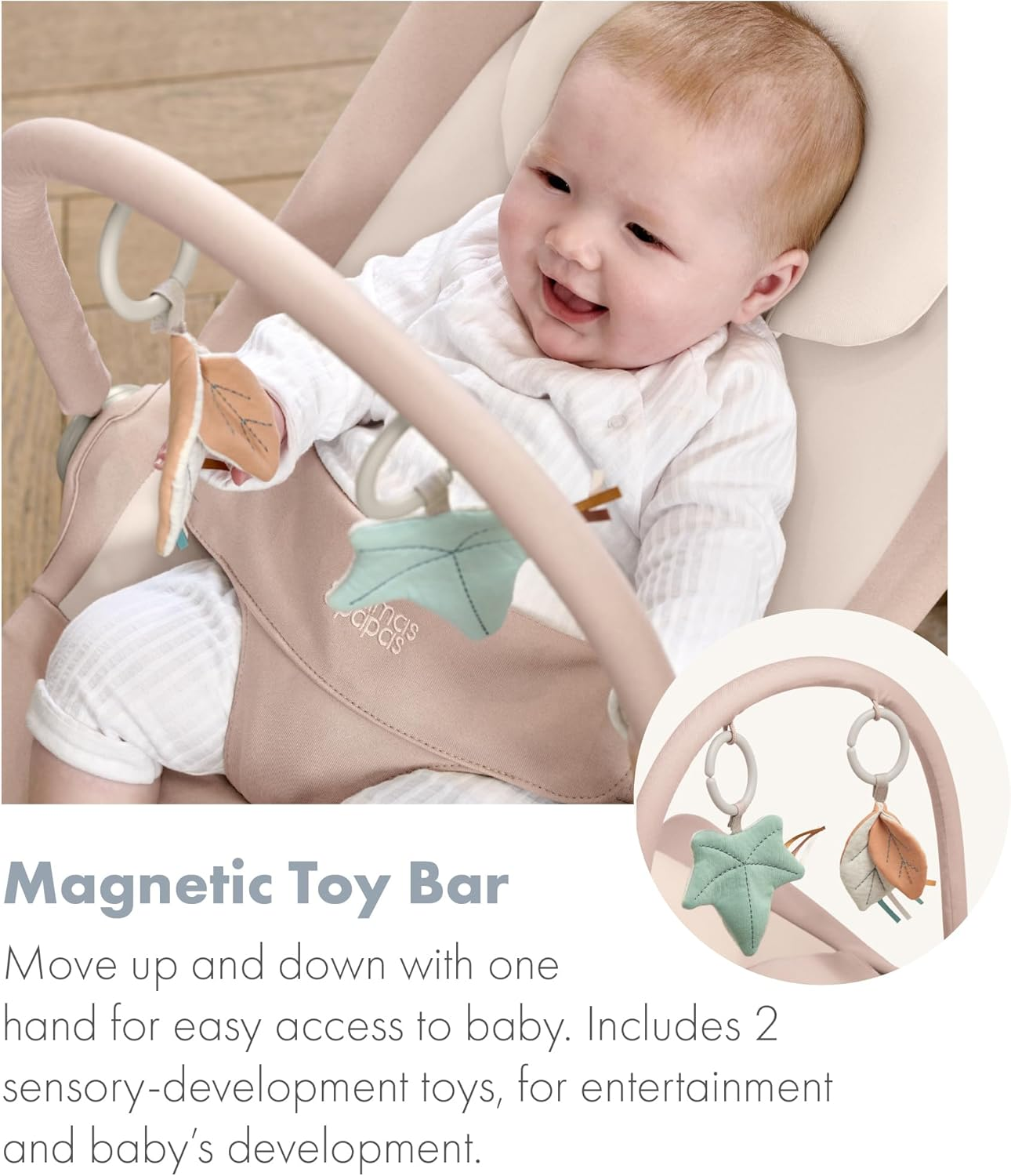 Mamas & Papas Tempo 3 em 1 Rocker/Bouncer, leve, com cinto de 3 pontos e barra de brinquedos magnética facilmente removível, Blush