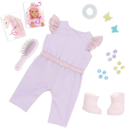 Boneca e Cavalo Elara e Lumina da Nossa Geração - Dupla de Boneca e Penteado de Potro de 18 polegadas, Cabelo Rosa, Brinquedo de Pentear Potro, Acessórios de Cabelo, Macacão Lilás, Para Crianças a partir dos 3 Anos
