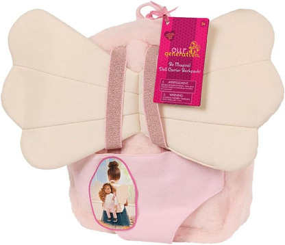 Our Generation – Mochila para transportar bonecas de 45 cm com alças ajustáveis– Mochila infantil rosa – Pele sintética macia e asas de fada – Bolsos interiores para arrumação – Mochila para transportar bonecas Be Magical