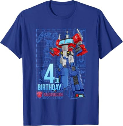 T-Shirt Transformers Optimus Prime para o 4º Aniversário - Menina, Aniversariantes - Preto - Tamanho S - Manga Curta - Modelagem Clássica - Mistura de Algodão e Poliéster - Lavável à Máquina