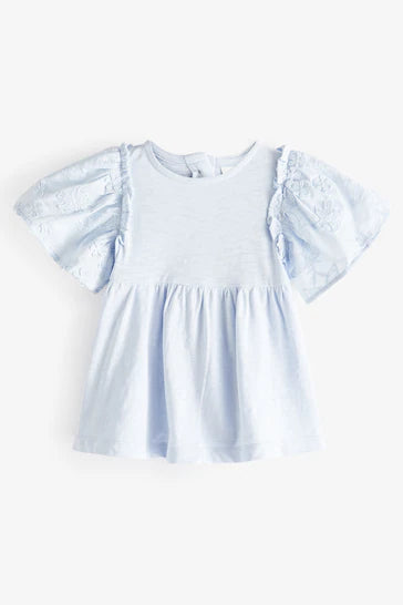 |Girl| T-Shirt Bordada Manga Curta - Flor Azul (3 meses-7 anos)