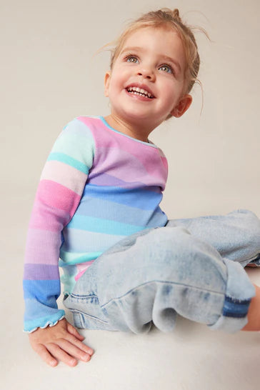 |Girl| Camiseta de manga comprida azul arco-íris canelado (3 meses a 7 anos)