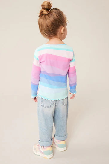 |Girl| Camiseta de manga comprida azul arco-íris canelado (3 meses a 7 anos)