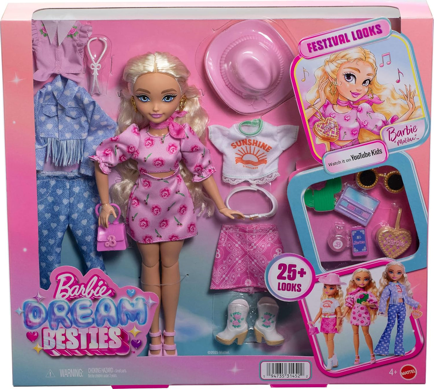 Barbie Conjunto Dream Besties Festival Looks, incluindo a boneca Barbie “Malibu” com cabelo loiro comprido e estilizado, mais de 10 roupas e acessórios removíveis, JGH87