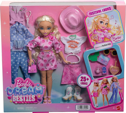 Barbie Conjunto Dream Besties Festival Looks, incluindo a boneca Barbie “Malibu” com cabelo loiro comprido e estilizado, mais de 10 roupas e acessórios removíveis, JGH87