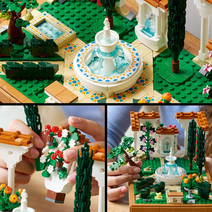 LEGO Conjunto de construção de jardim de fonte Icons, kit de modelo de decoração para casa e escritório para adultos construirem, com ciprestes, videiras, flores e figuras de animais