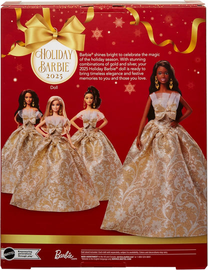 Barbie Signature, Boneca Fashion de Cabelo Preto para as Festas de Fim de Ano de 2025, Vestindo Vestido Prateado e Dourado, Brinquedo Colecionável Sazonal em Embalagem Exibível, JBJ01