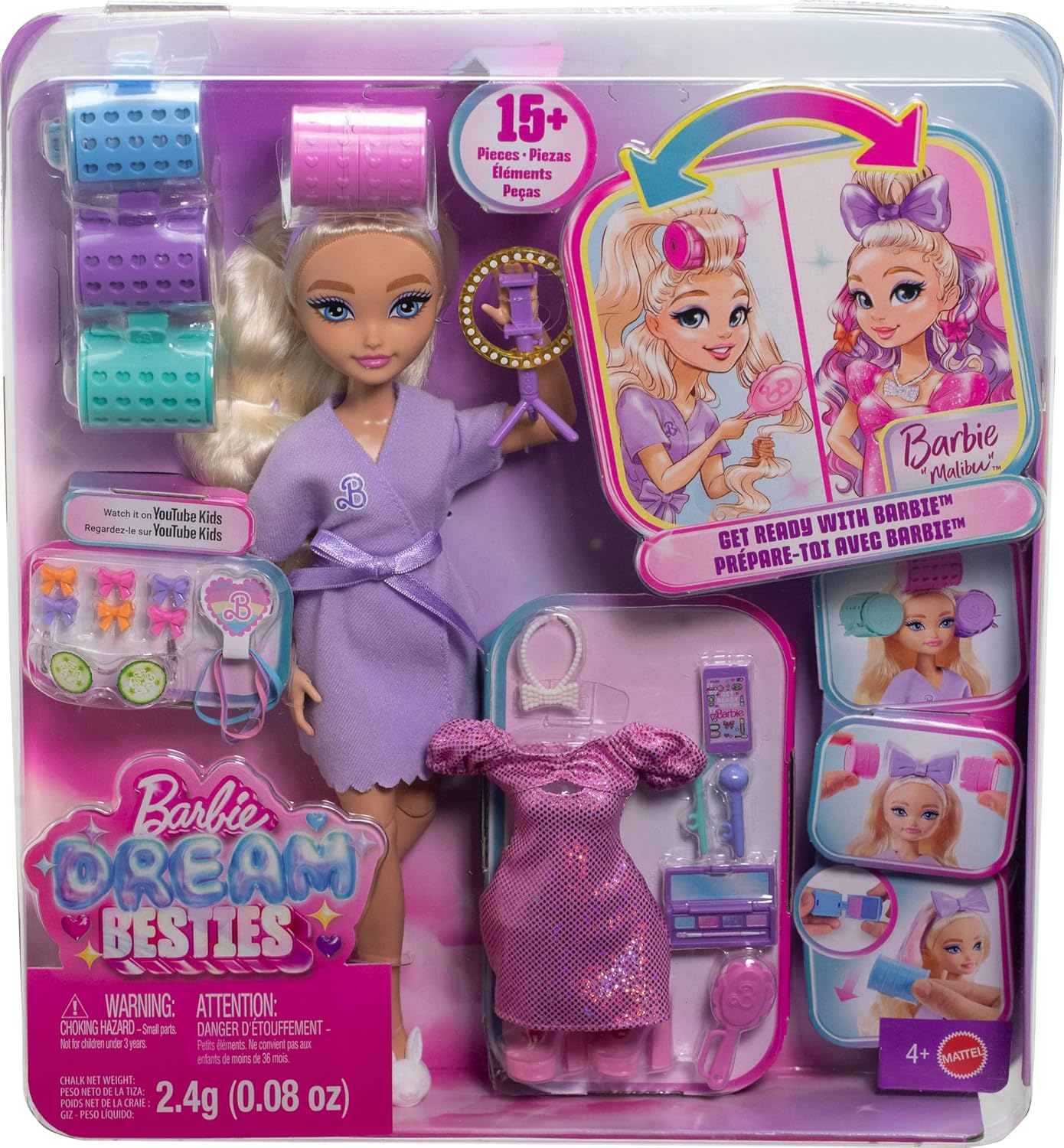 Barbie Dream GET READY Malibu - Boneca Fashion com Cabelo Estilizado, Incluindo Acessórios de Cabelo Surpresa e Mais de 15 Looks, JGG38