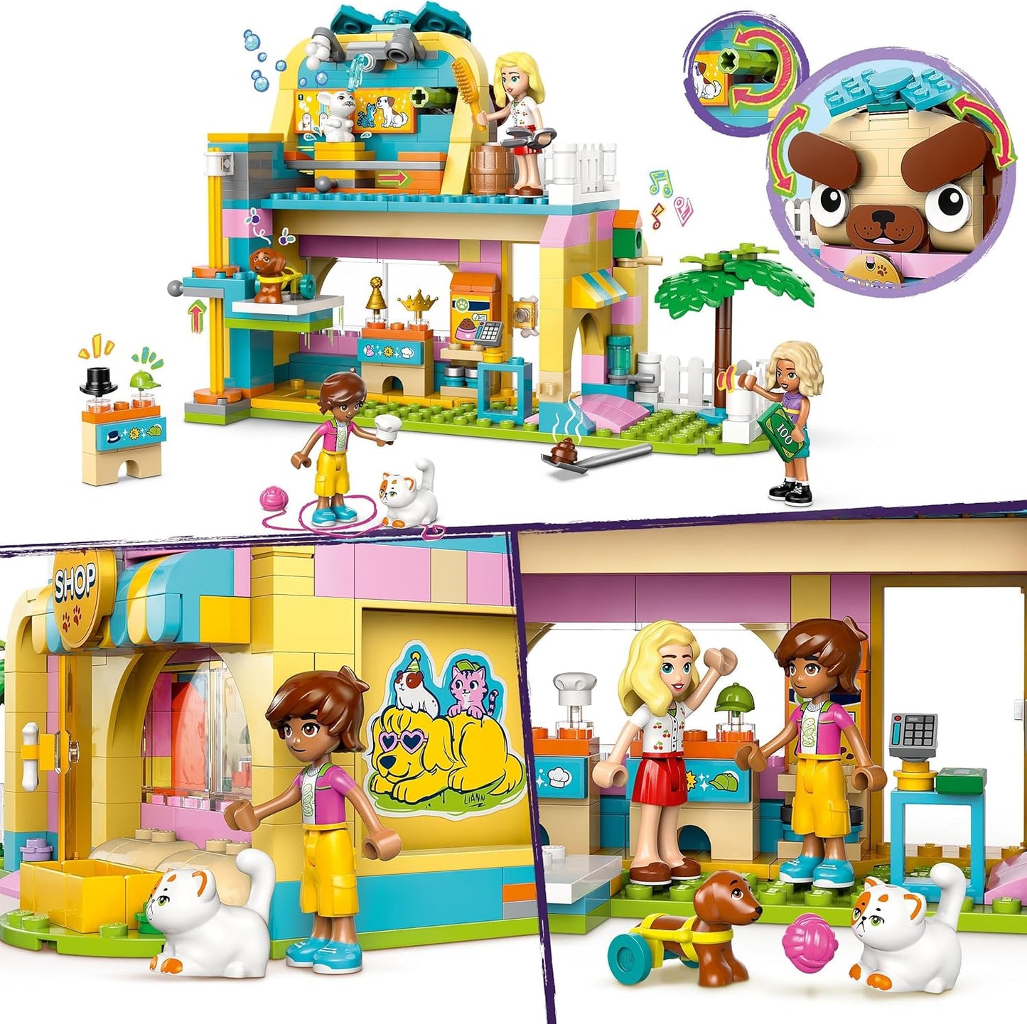LEGO Conjunto de loja de acessórios para animais de estimação Friends, conjunto de brinquedos de construção de animais com 2 mini bonecas, figuras de cachorro, gato e coelho para brincadeiras imaginativas, presente de aniversário