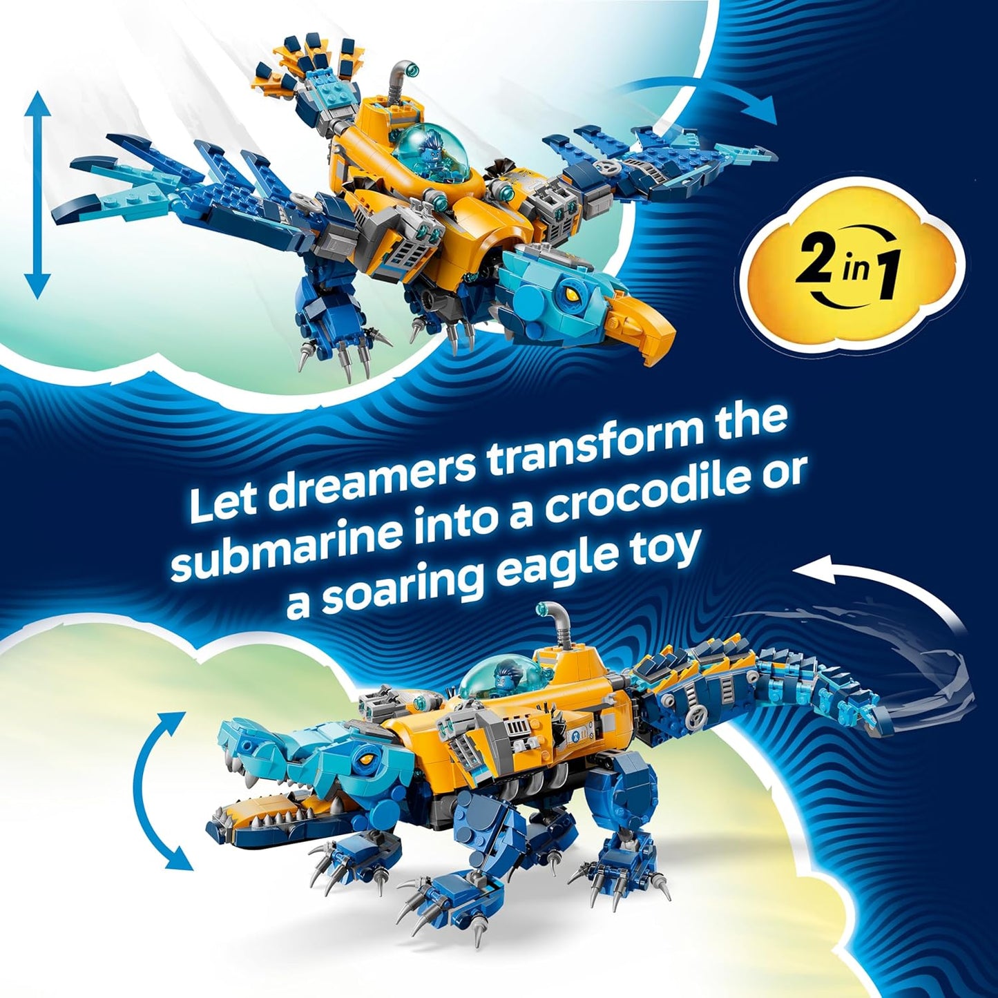 LEGO DREAMZzz 2 em 1 Submarino Crocodilo - Transforma-se em um Submarino Águia - Inclui 3 minifiguras, 2 aranhas e uma criatura azul colecionável do tesouro - Presente para meninos a partir de 8 anos - 71512